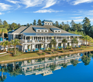 Lakeside clubhouse with water reflection